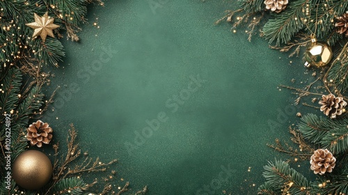 Elegant green Christmas backdrop decorated with pine branches, gold ornaments, and natural pine cones for festive holiday designs