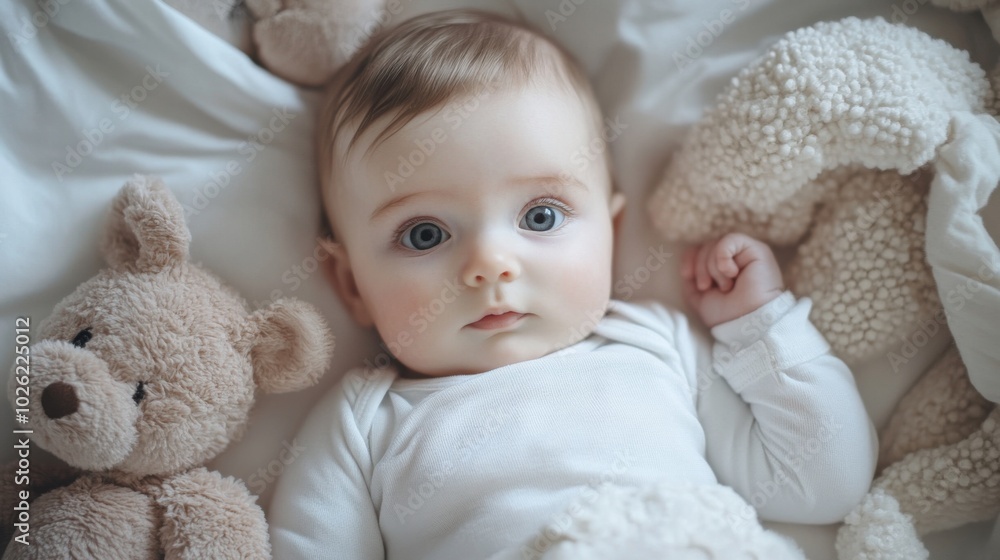 Baby with teddy bears in a cozy setting Baby with teddy bears in a cozy setting