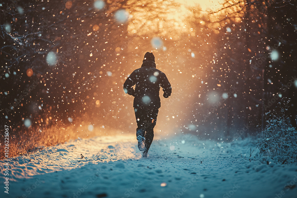 Silhouette of a runner in a snowy forest path, backlit by a golden sunset, running through the snow as large flakes fall
Silhouette of a runner in a snowy forest path, backlit by a golden sunset, running through the snow as large flakes fall