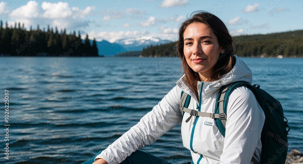 Young Canadian woman in outdoor wear relaxed expression portrait photo lakefront background Young Canadian woman in outdoor wear relaxed expression portrait photo lakefront background