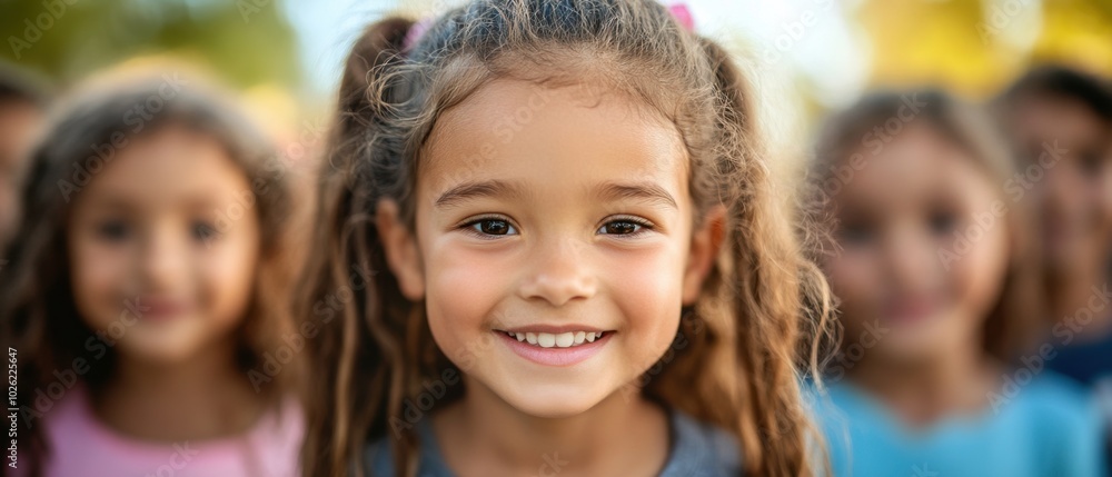 Smiling girl with friends in the background Smiling girl with friends in the background