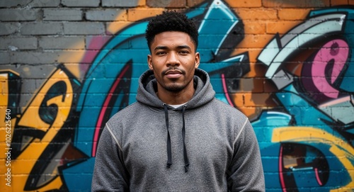 Young South African guy in a casual hoodie neutral expression portrait photo urban graffiti wall background