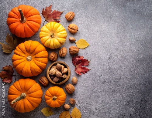 autumn flat lay with pumpkins nuts and fall foliage on a grey textured backdrop ideal for fall designs photo