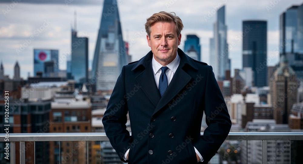 Adult British man in a formal coat confident pose portrait photo urban skyline background Adult British man in a formal coat confident pose portrait photo urban skyline background