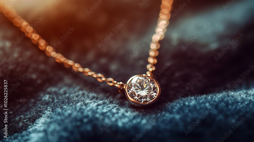 Fototapeta premium Close-up of a diamond pendant necklace on soft fabric.