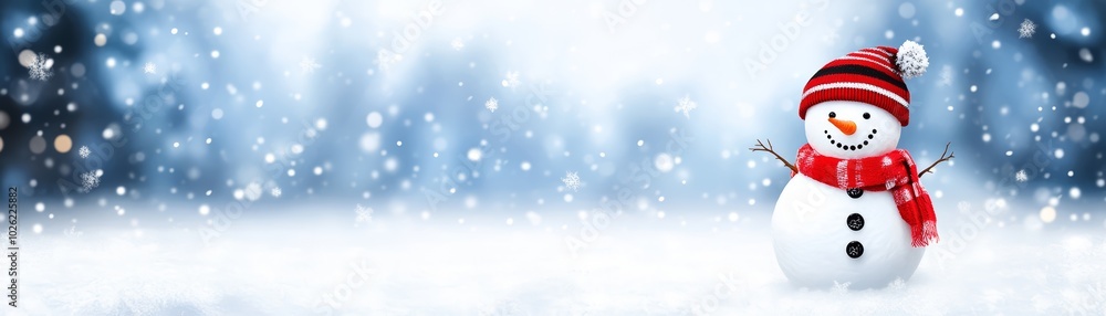 Cheerful snowman in a snowy winter landscape with falling snow. Cheerful snowman in a snowy winter landscape with falling snow.
