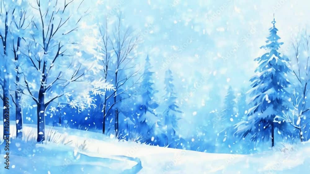 quiet winter scene with snow-covered trees light snowfall. Soft blues and whites dominate the palette, snowflakes falling gracefully, 4k High-Quality watercolor background Animation Video quiet winter scene with snow-covered trees light snowfall. Soft blues and whites dominate the palette, snowflakes falling gracefully, 4k High-Quality watercolor background Animation Video