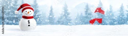 Cheerful snowman in a snowy landscape with snow-covered trees.