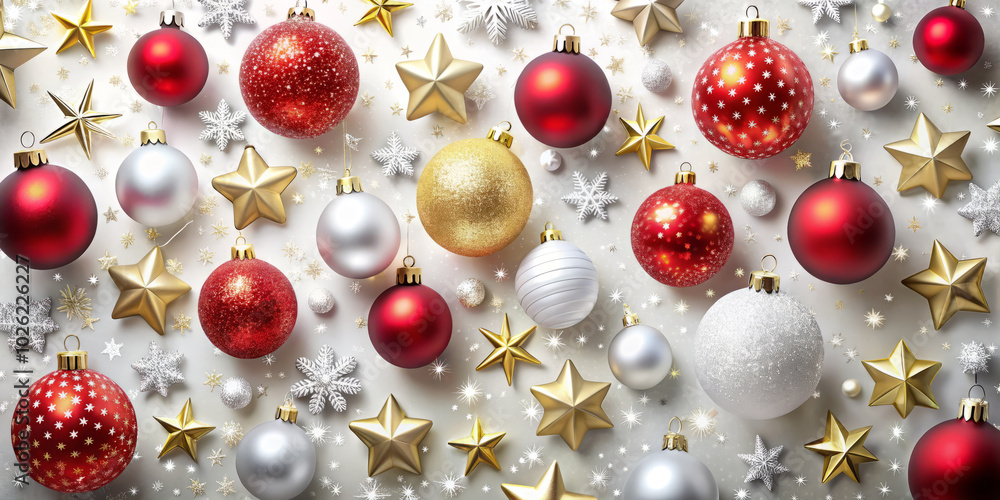 festive arrangement of red, gold, and white Christmas ornaments, including sparkling stars and snowflakes, creates joyful holiday atmosphere festive arrangement of red, gold, and white Christmas ornaments, including sparkling stars and snowflakes, creates joyful holiday atmosphere