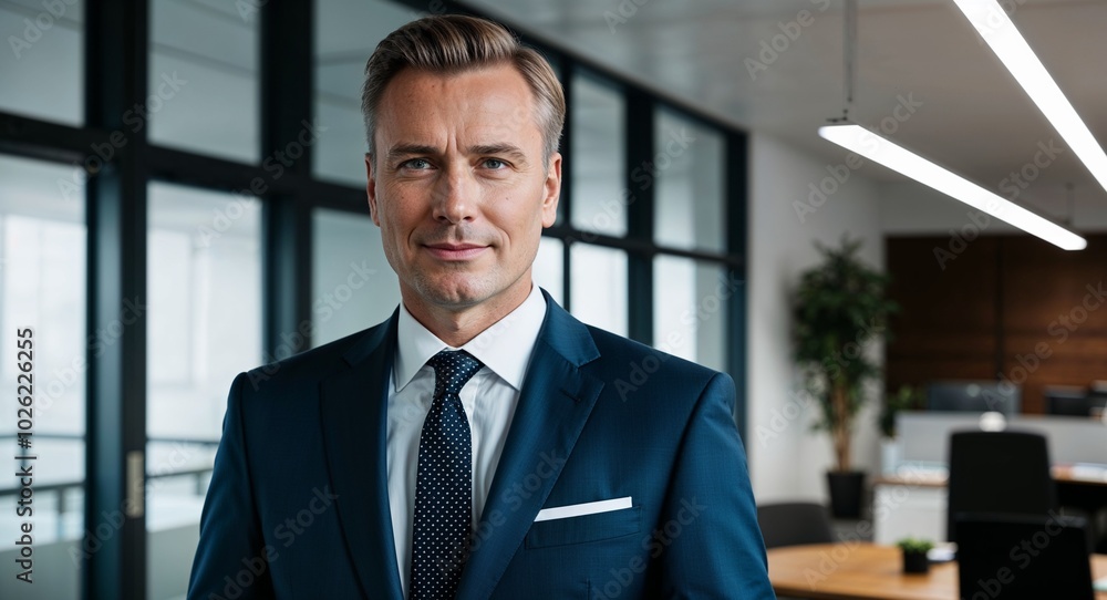 Fototapeta premium Adult German man in a formal suit confident expression portrait photo corporate office background