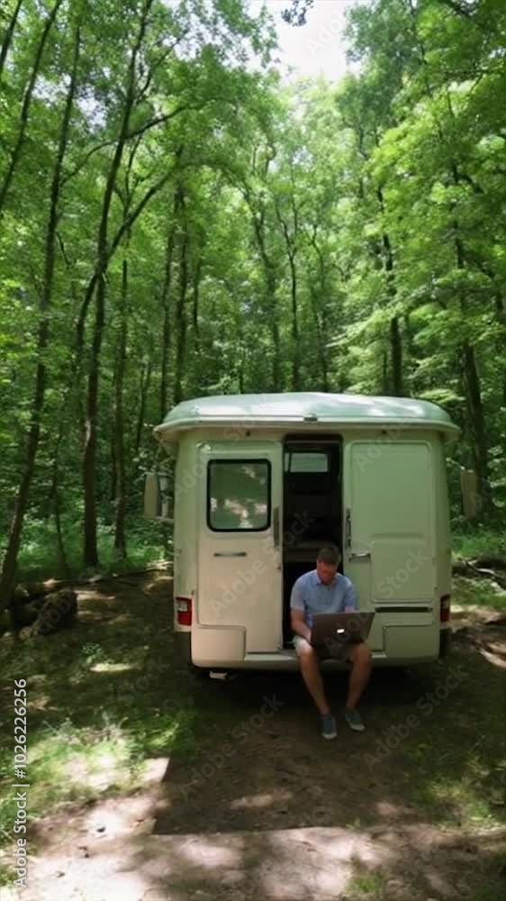 A young man sitting with laptop at the entrance of a motorhome, in a green forest landscape. A young man sitting with laptop at the entrance of a motorhome, in a green forest landscape.