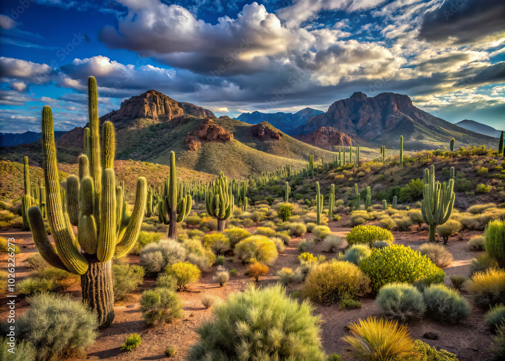 Fototapeta premium Breathtaking rugged terrain of Arizonas high desert showcases towering cacti and vibrant scrubby vegetation under dramatic sky. landscape evokes sense of tranquility and adventure