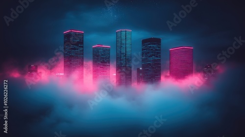 skyscrapers rising between blue and pink smoke on a black background, abstract background