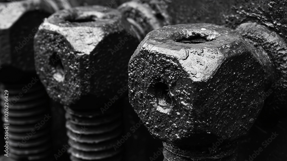 Black and white abstract photograph rusty bolts in mechanical workshop Black and white abstract photograph rusty bolts in mechanical workshop