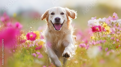 Golden retriever running through a vibrant field of flowers. 
