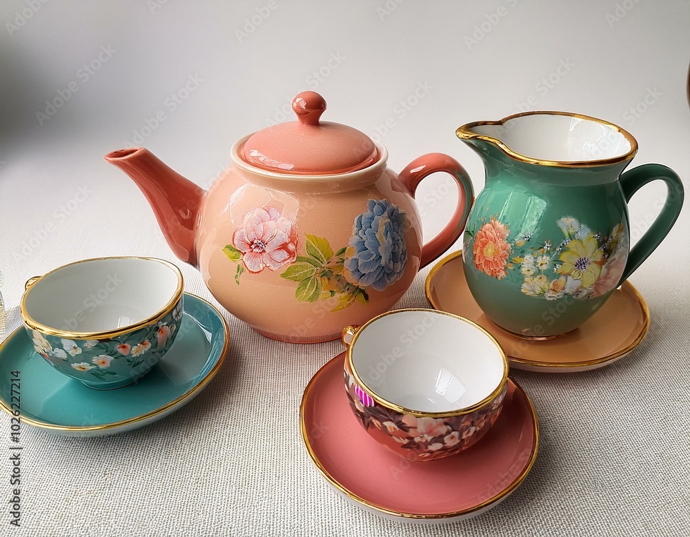 colorful collection of ceramic tea pots and cups with delicate floral patterns displayed on a light background colorful collection of ceramic tea pots and cups with delicate floral patterns displayed on a light background