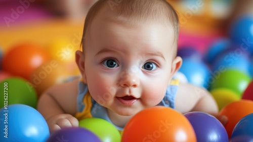 Curious baby exploring colorful balls