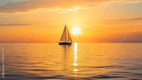 Golden sunset over a calm ocean with a sailboat in the distance.