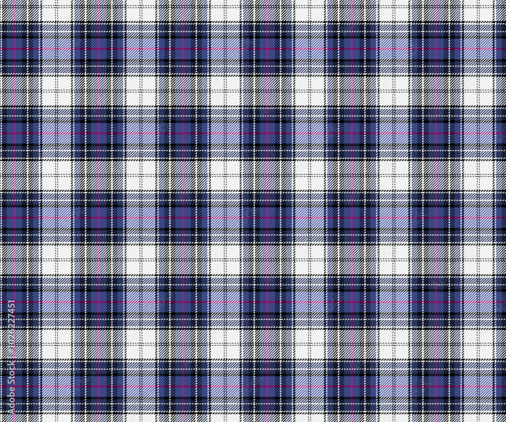 Fototapeta premium Plaid fabric pattern, white, blue, black, pink seamless for textiles, and for designing clothes, skirts or decorative fabrics. Vector illustration.