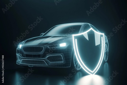 Futuristic car with a shield symbol representing security and protection and car insurance