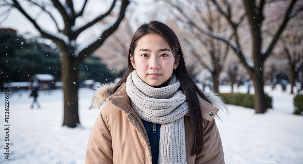 Teen Japanese girl in winter coat and scarf neutral expression portrait photo snowy park background Teen Japanese girl in winter coat and scarf neutral expression portrait photo snowy park background