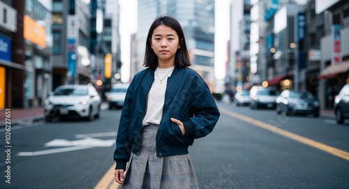 Teen Japanese girl in casual jacket and skirt neutral expression portrait photo downtown street background