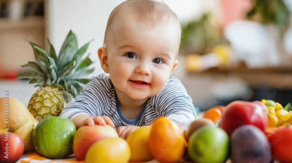 Fototapeta premium Happy baby surrounded by colorful fruits