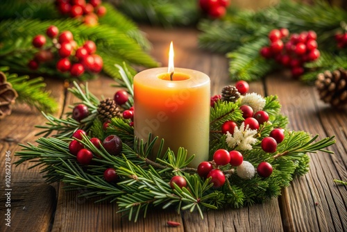 Single candle in christmas wreath holiday border of evergreen branches and red berries