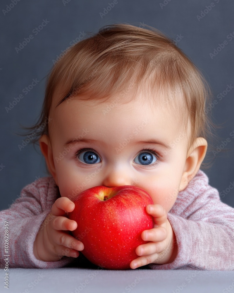 Child holding a red apple with curious blue eyes Child holding a red apple with curious blue eyes
