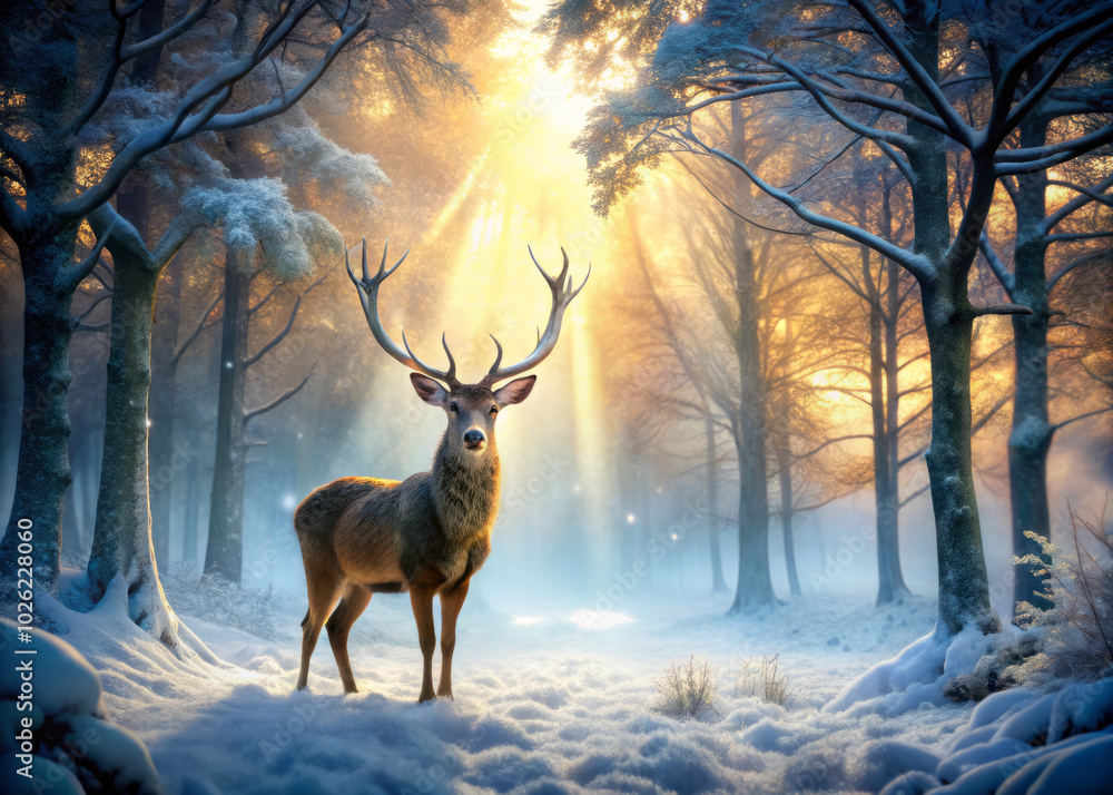 majestic deer stands gracefully in serene winter forest, illuminated by soft golden rays of sunlight filtering through trees. tranquil scene captures beauty of nature in vibrant winter wonderland majestic deer stands gracefully in serene winter forest, illuminated by soft golden rays of sunlight filtering through trees. tranquil scene captures beauty of nature in vibrant winter wonderland