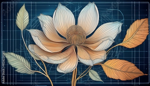 detailed botanical illustration showing the structure of a flower with leaf and stem anatomy against a blueprint style background