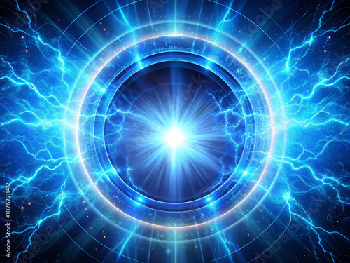 vibrant blue holographic portal radiates intense pulses of light, surrounded by electric energy and dynamic patterns. This captivating image evokes sense of wonder and excitement