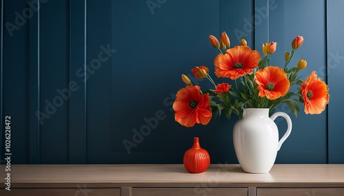 Wallpaper Mural elegant home decor with vibrant red and orange flowers in a white vase on a wooden cabinet against a dark blue wall perfect for interior design themes Torontodigital.ca