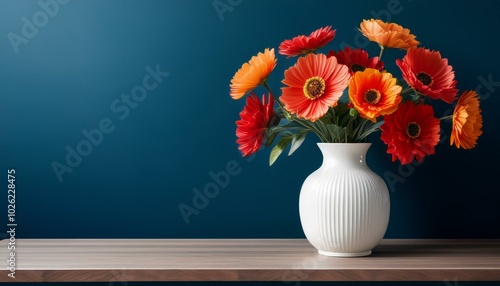 elegant home decor with vibrant red and orange flowers in a white vase on a wooden cabinet against a dark blue wall perfect for interior design themes
