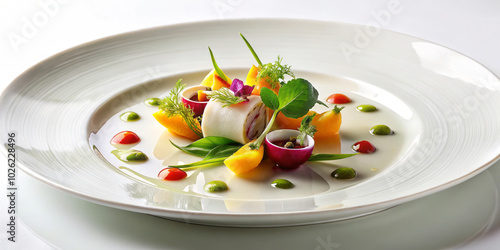 Delicately placed on clean white plate, this visually stunning dish features vibrant colors and artistic presentation, showcasing blend of fresh ingredients and sauces