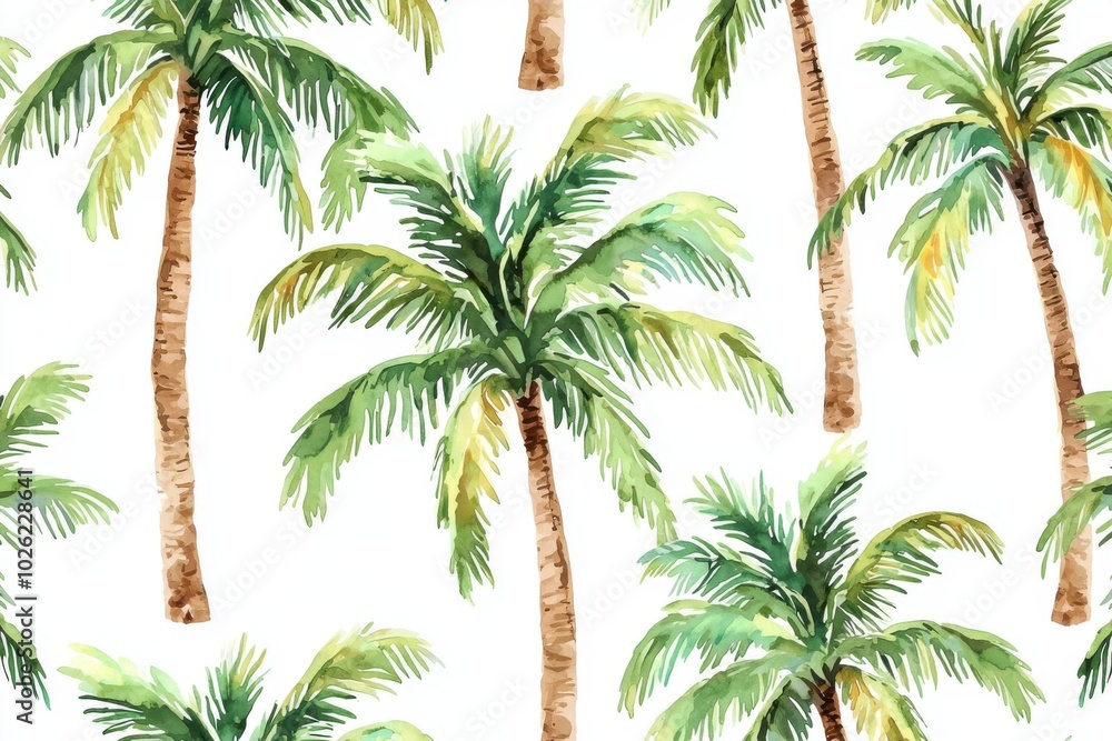 Obraz premium A vibrant watercolor illustration featuring palm trees, perfect for tropical-themed designs or backgrounds.