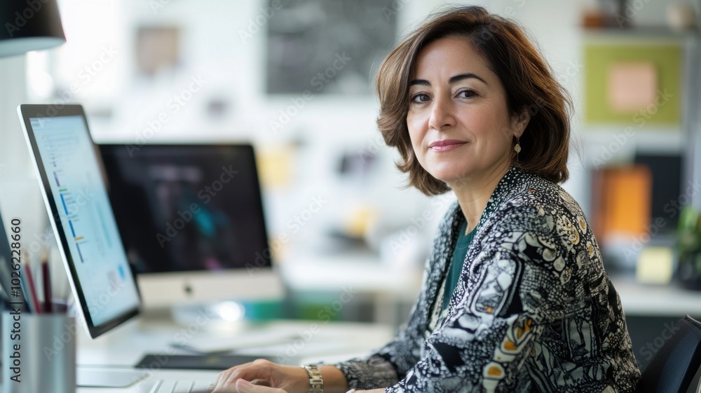 © Lion - Graphic designer working on branding, middle-aged Hispanic woman with short brown hair, modern office, clean layout, minimal elements