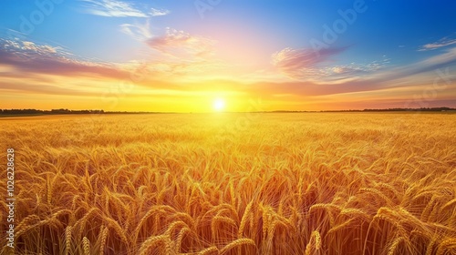 Golden wheat field swaying under the sunset glow.