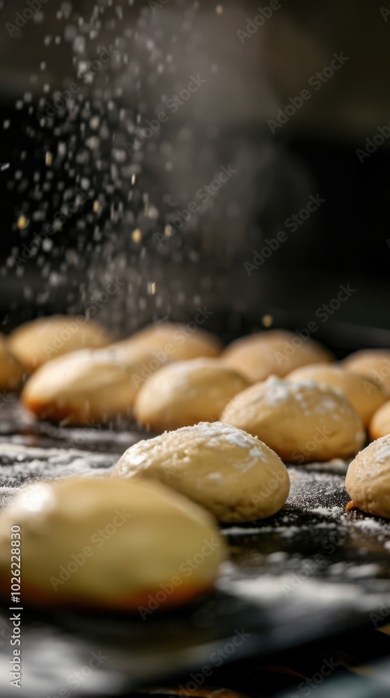 A tray of baked goods covered in powdered sugar A tray of baked goods covered in powdered sugar