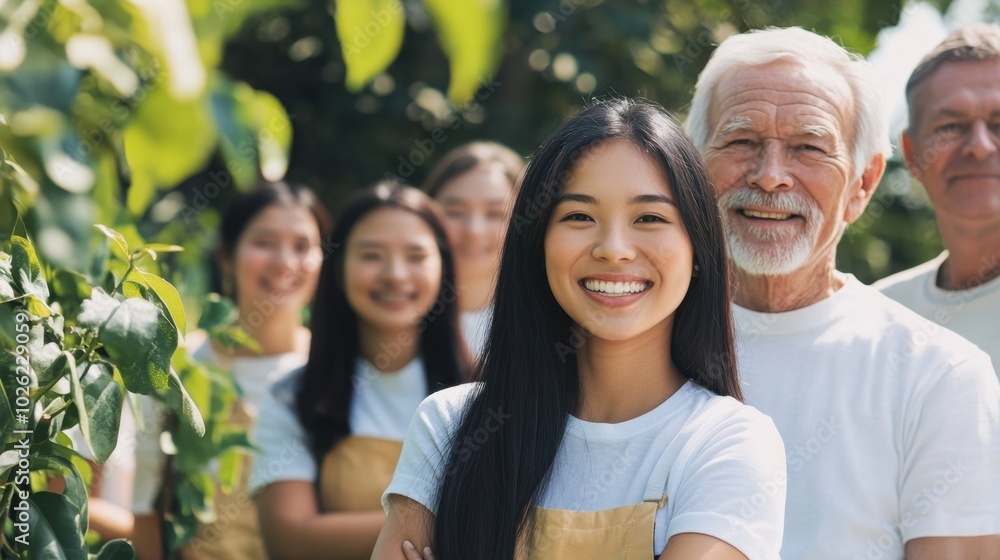 Group of volunteers in community garden, diverse group including a young Asian woman with long black hair and an elderly white man with gray hair, copy space Group of volunteers in community garden, diverse group including a young Asian woman with long black hair and an elderly white man with gray hair, copy space