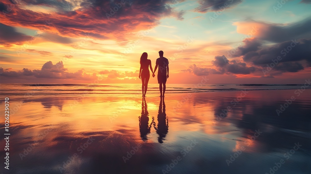 Silhouetted Couple Holding Hands and Gazing at Tranquil Sunset by the Sea Silhouetted Couple Holding Hands and Gazing at Tranquil Sunset by the Sea