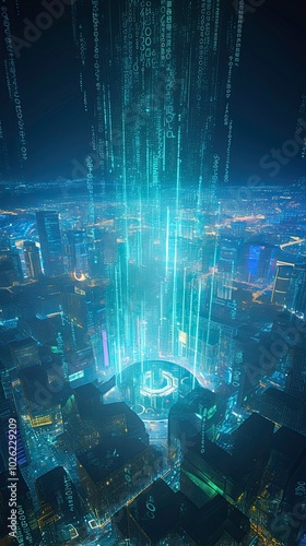 Futuristic cityscape illuminated by digital data streams