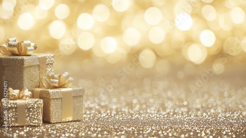 Glittering gold presents beautifully arranged on a sparkling surface to celebrate a special occasion during festive season