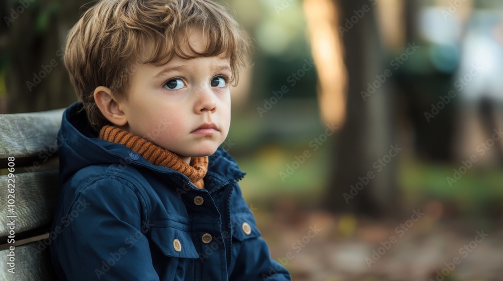 Pensive child sitting on a park bench Pensive child sitting on a park bench
