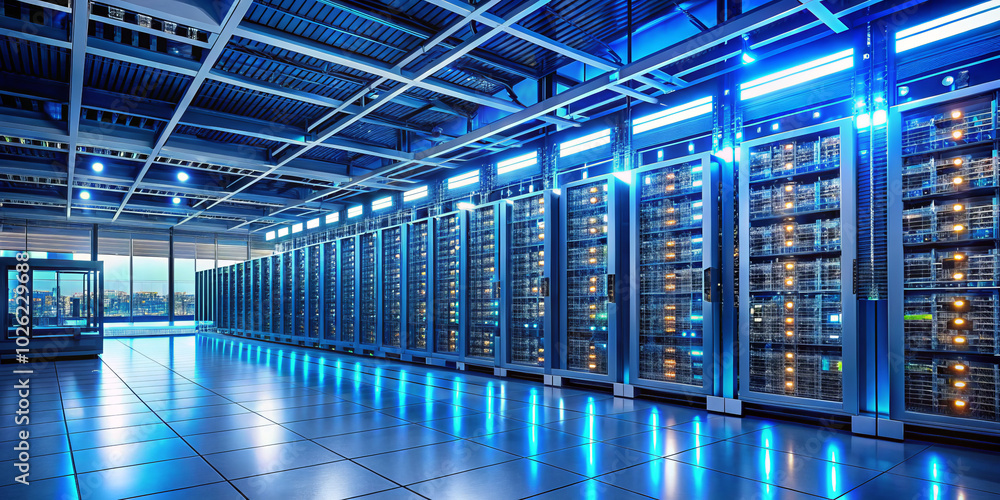 modern networking hub featuring rows of high performance servers and routers, illuminated by blue lighting, creates futuristic atmosphere. sleek design and advanced technology highlight importance of modern networking hub featuring rows of high performance servers and routers, illuminated by blue lighting, creates futuristic atmosphere. sleek design and advanced technology highlight importance of