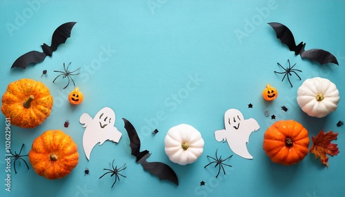 halloween decor pumpkins spiders bats ghosts paper garland on light blue vertical background flat lay top view