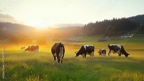 Cows grazing peacefully in ...