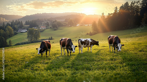 Cows grazing peacefully in ...