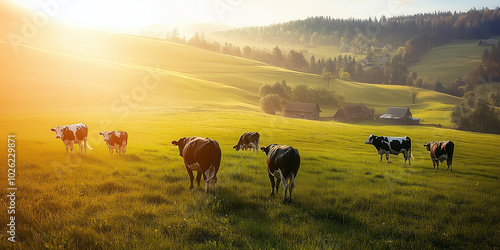 Cows grazing peacefully in ...