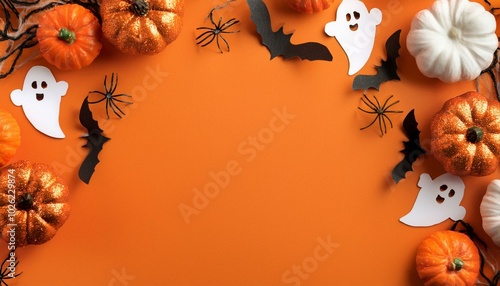 halloween party decorations pumpkins garland ghosts spiders bats on orange background happy halloween holiday greeting card template flat lay top view copy space